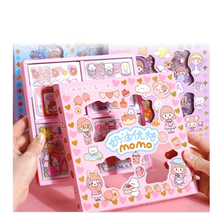 SCK2 - Sticker Momo 100 Lembar Box Sticker 2D Anti Air Motif Kartun Korea