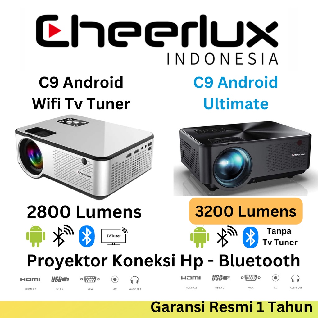 CHEERLUX INDONESIA | C9 CHEERLUX  C9 ANDROID WIFI| PROYEKTOR PRESENTASI MIRRORING KONEK HP BLUETOOTH