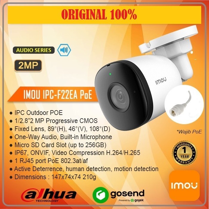 IPCAM IMOU IPC-F22EA 1080P H.265 POE ONVIF OUTDOOR BUILD IN MIC IP67