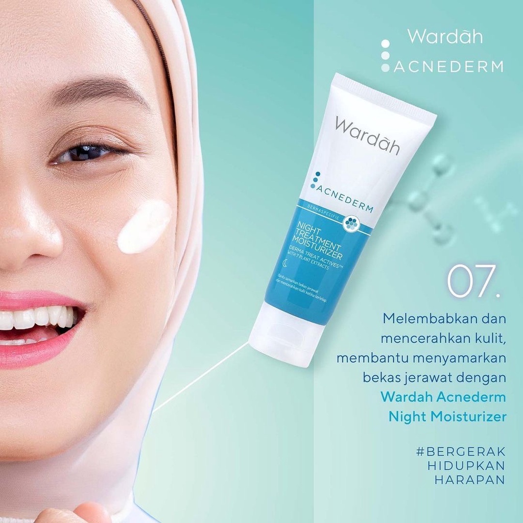 WARDAH Acnederm Night Treatment Moisturizer Indonesia / Pelembab Wajah 40ml / Derma Treat Actives With 7 Plant Extracts / Samarkan Bekas Jerawat Mencerahkan Kulit Terlelap / Skincare Face Care Series / Foaming Cleanser Toner Serum Day Acne Spot Gel Powder