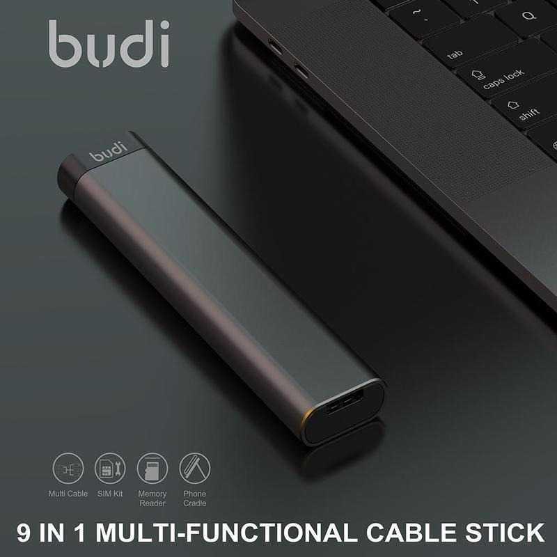 BUDI Cable Stick 9 in 1 Multifunctional USB TF SIM Card Storage - BD9 - Black