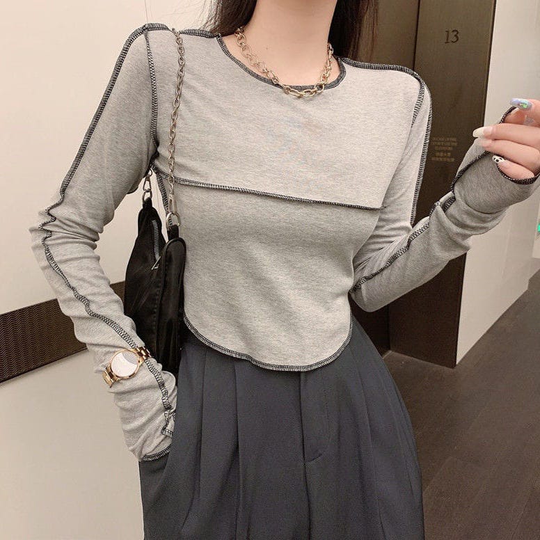 Long Sleeve Crop Top T-shirt Atasan Crop Lengan Panjang 1640 (S/M/L/XL)