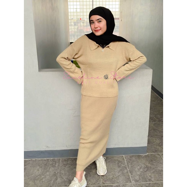 One Set Setelan Rok Span Rajut Dan Atasan Polo Rajut Wanita Fit To XL