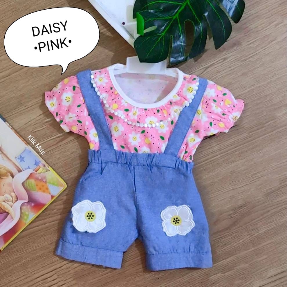 Overall Baju Anak Perempuan / Baju Kodok Bayi Cewek Bahan Kaos Motif Daisy Bunga Estimasi Usia 0-9 Bulan