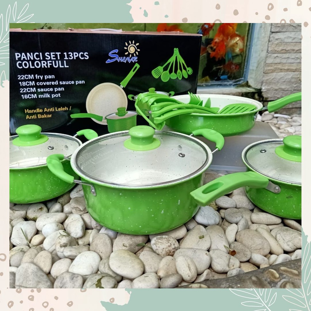 Panci Set lengkap teflon Warna hijau Anti Lengket Panci Set Anti Lengket Panci 13 SET