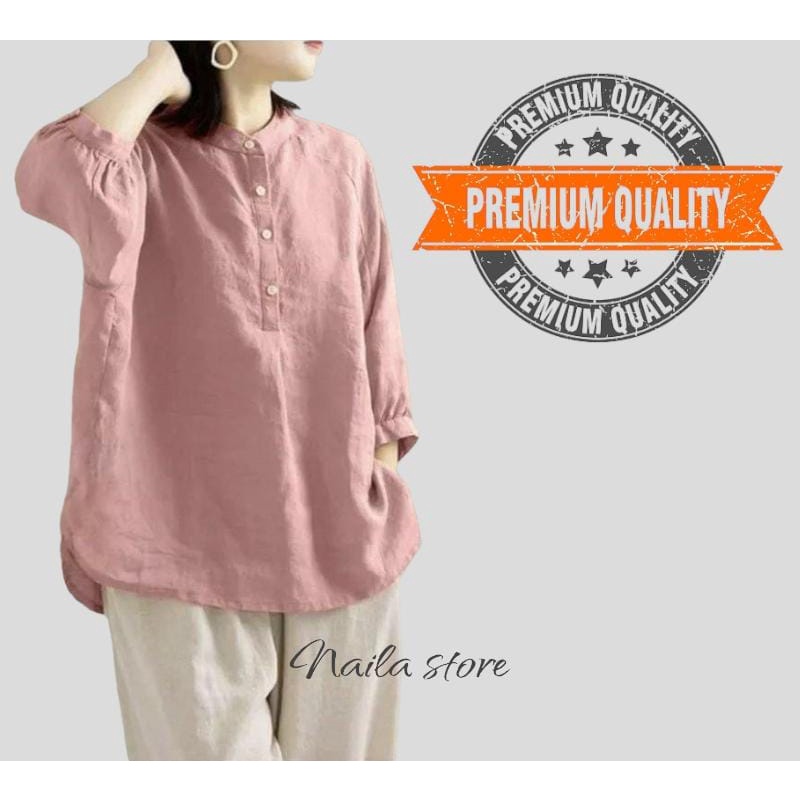 Kemeja Linen Wanita Kerah Shanghai Lengan 3/4 CERIA SHIRT Kancing Dada Hidup Jumbo Big size OOTD Remaja Dewasa Kekinian