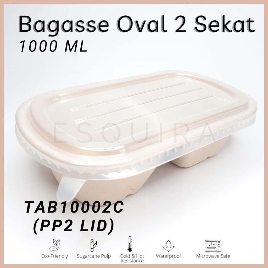 2 Compartement Oval Sugarcane Bagasse 1000 ML / Lunch Box 10 Pcs + Lid / TAB10002C