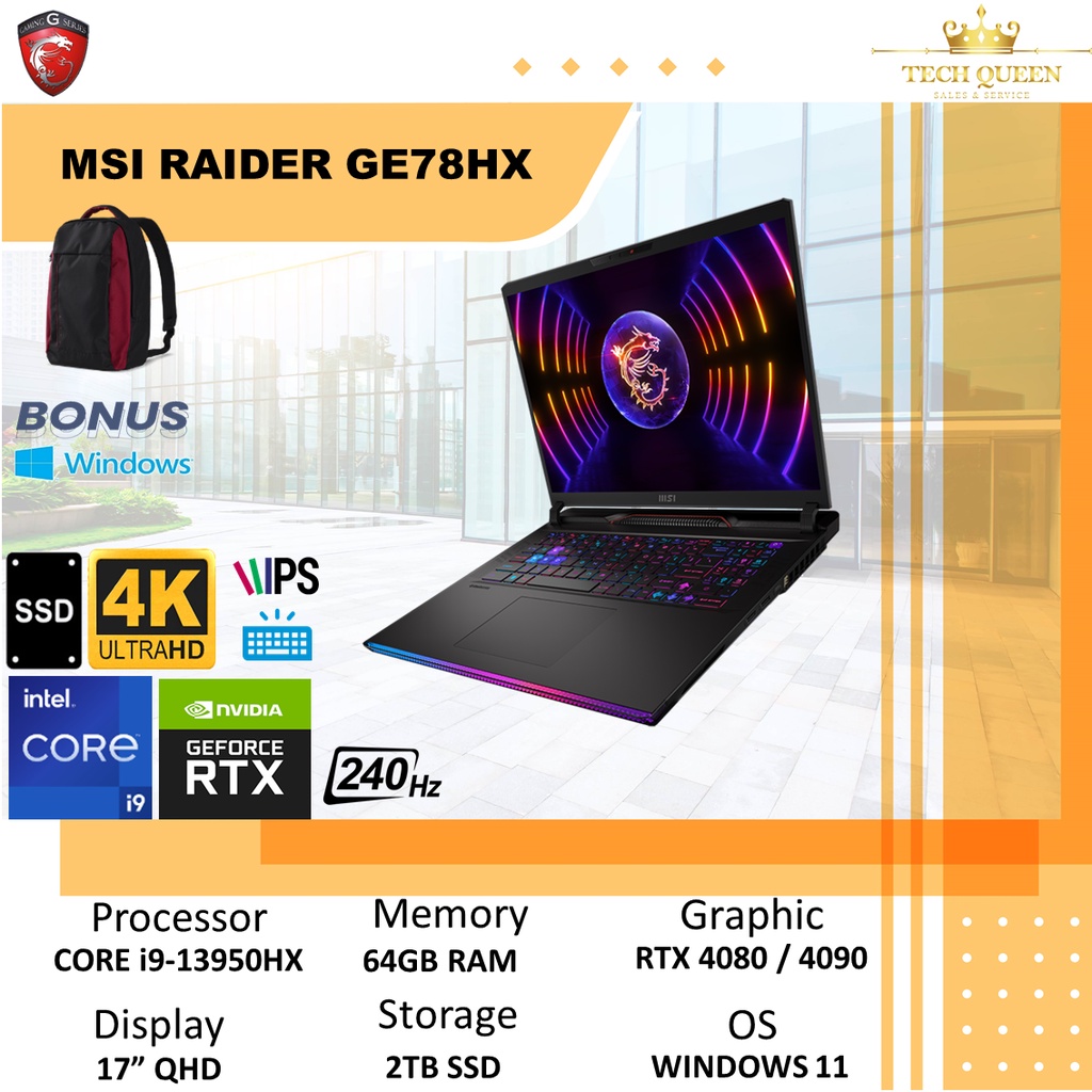 MSI RAIDER GE78HX - RTX4080 12GB I9 13950HX 64GB 2TBSSD WINDOWS 11 17.0 INCHI QHD 240HZ