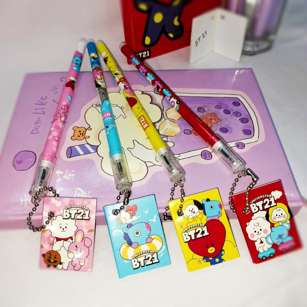 Pulpen gantungan buku BT Set 4 Pieces (4 pcs) lengkap / Pen gantungan note mini karakter k-pop imut lucu harga termurah bisa COD