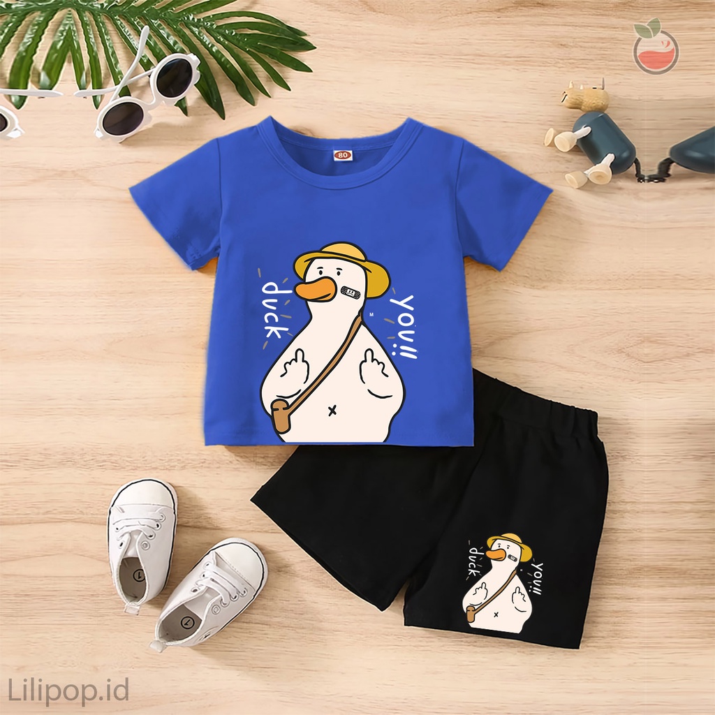 Baju Anak Stelan Kaos 3/4  BEBEK DUCK Cowok Cewek  Usia 1 - 4 Tahun Celana Pendek Harian