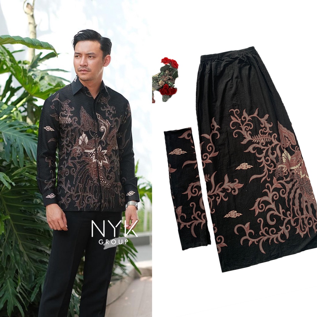 (BISA PILIH MOTIF) Couple Batik Black Series - Rok Span Free Selendang Set Pakaian Couple Cowok Cewek Dewasa M L XL Katun Halus Baju Kondangan Wanita - Sarimbit Batik Lamaran Terbaru