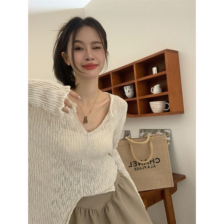 Red Gaya Hong Kong retro bergaris V-neck lengan panjang rajutan sweater wanita musim gugur bagian tipis rasa desain celah longgar atasan kemeja pelindung sinar matahari