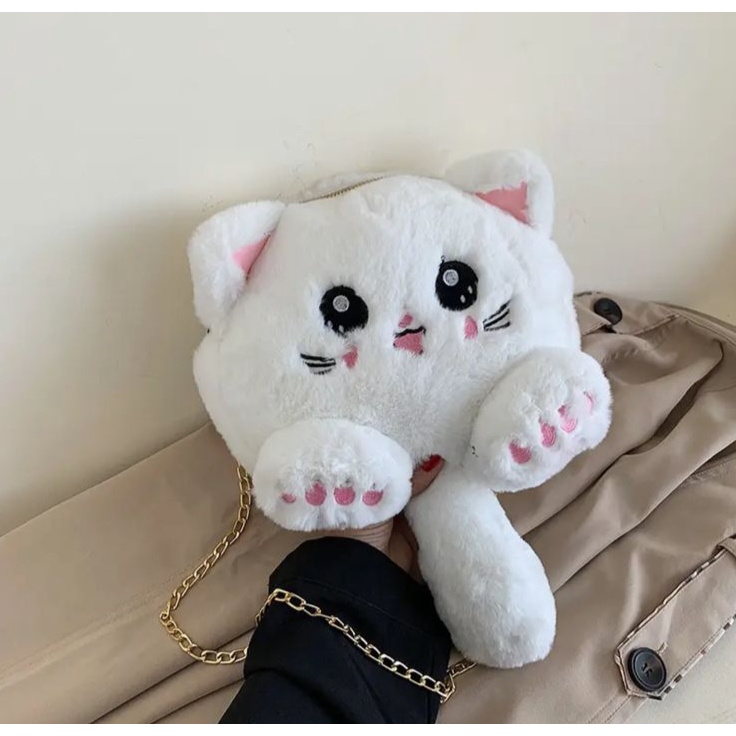 GGS Tas Selempang Boneka Kucing FYKACU Tas tali rantai Tas bulu korean style GAYA ala korea 2023