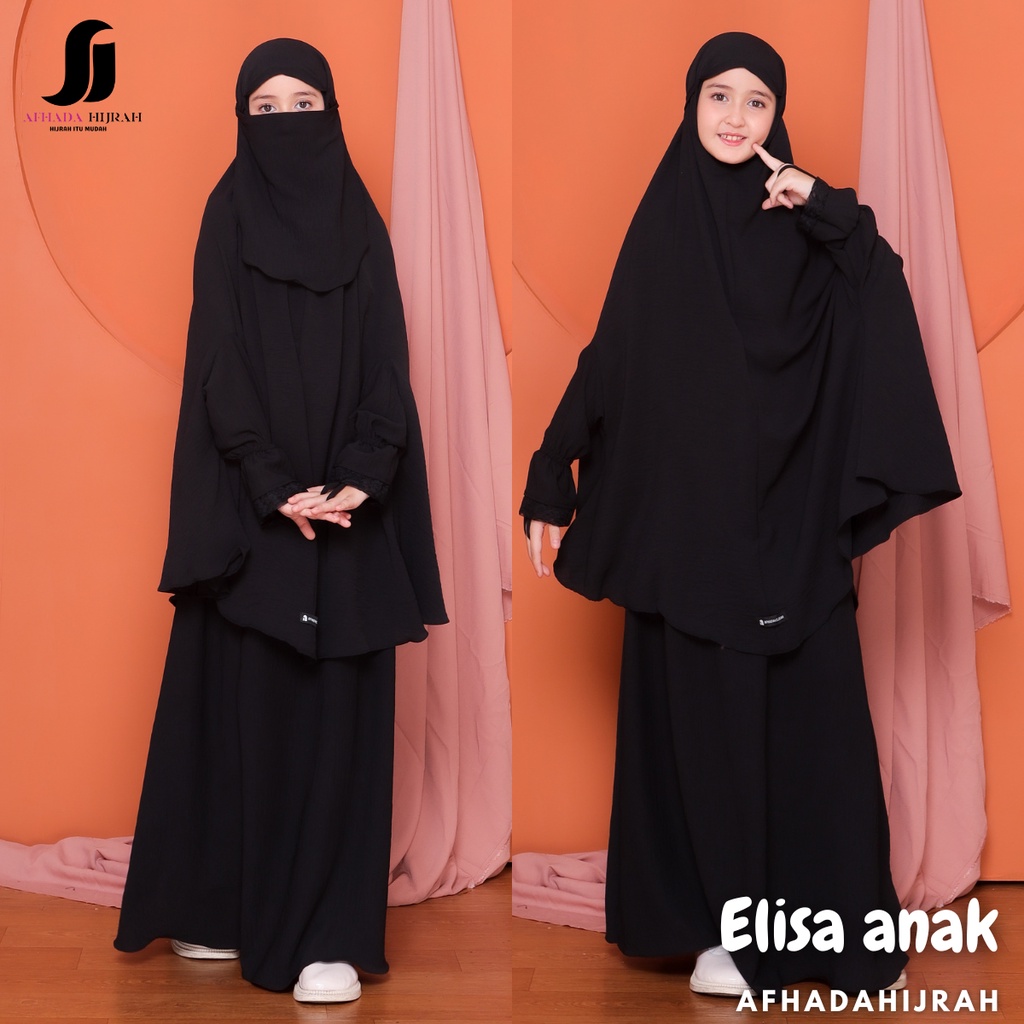 Afhadahijrah - Gamis anak perempuan set cadar Elisa crinkle airflow hitam baju dan hijab syari free 