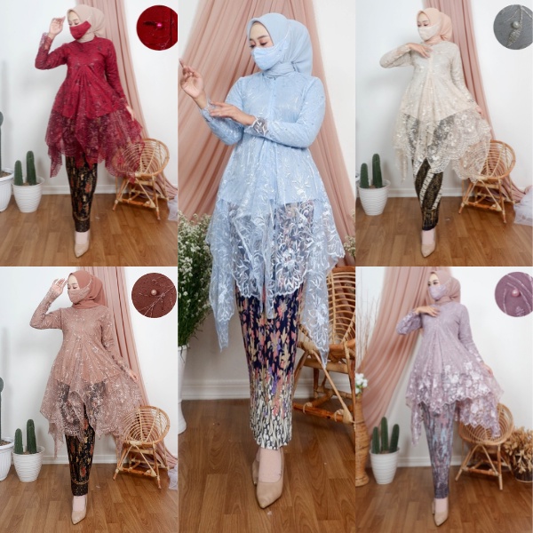Setelan Kebaya Modern Tulle Bordir Jubrai Kebaya Wisuda Tunik Busui Azalea Baby Blue Set Rok Plisket