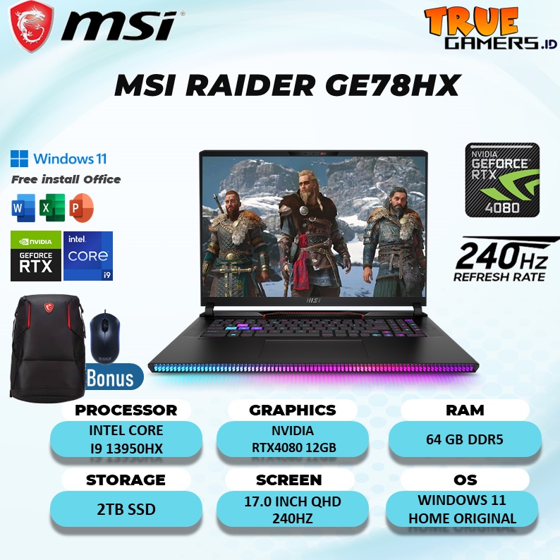 Laptop Gaming Msi RAIDER GE78HX RTX4080 12GB INTEL I9 13950HX RAM 64GB 2TBSSD W11 17.0QHD 240HZ
