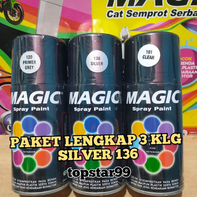 Pilok Pilox Cat Semprot Magic Paket Lengkap 3 Kaleng 300cc Paketan Perak Silver 136 Primer Grey Epoxy 120 Clear Pernis Glossy Mengkilap 101 Spray Paint