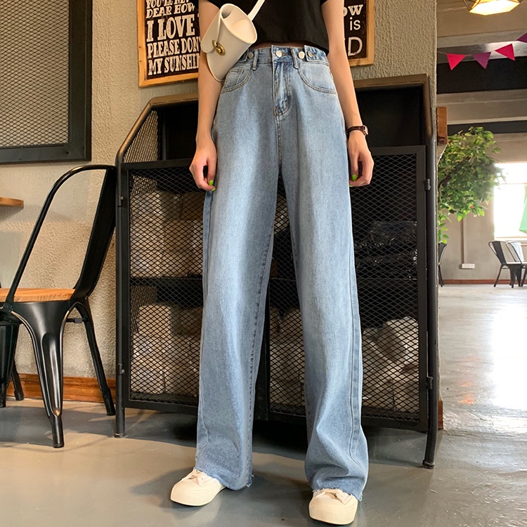 EUNII New Diimpor Jeans Wanita Celana Panjang Loose High Waist Straight Pants Korean Style