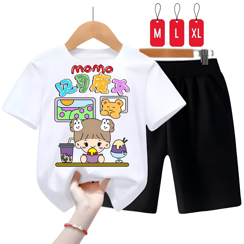 Hzl_outfit Baju Setelan Kaos Anak Perempuan Momo Trend/ Size M,L,XL