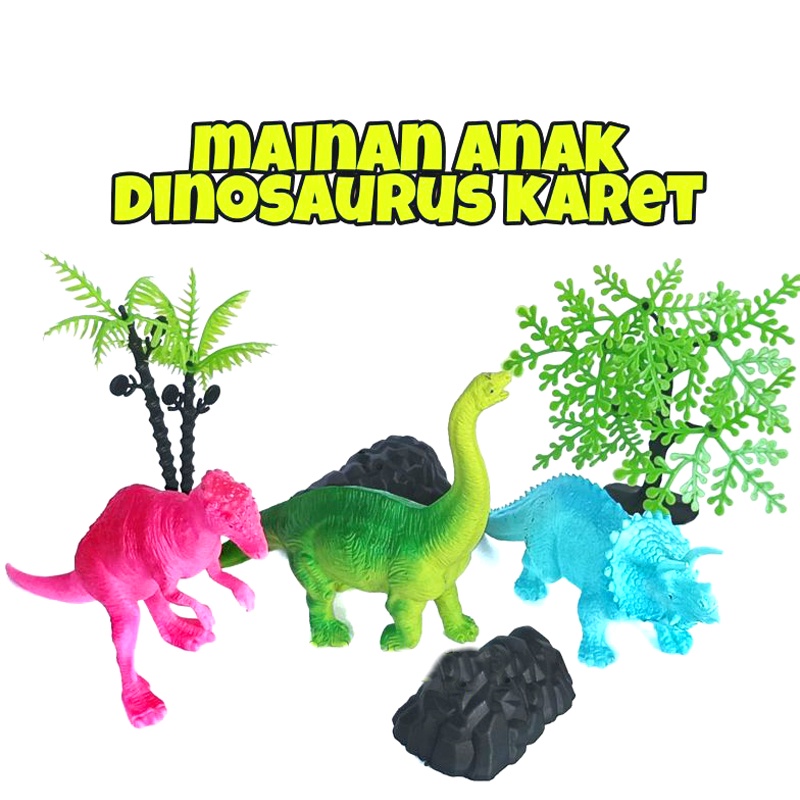 MAINANKEI MAINAN ANAK MINIATUR DINOSAURUS KARET OCT1219 POHON BATU HEWAN DINO ISI 3 WORLD ANIMAL