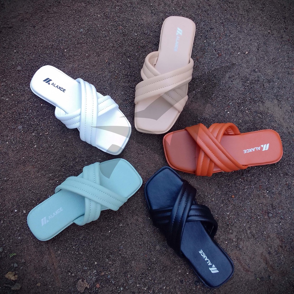 Sendal Slop Strap Puffy Slip On Wanita sole tinggi empuk Flat Teplek Silang Busa wedges wanita kekinian