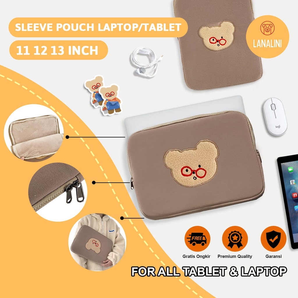 Sleeve Pouch Sarung Tas Bag Case Ipad Tab Tablet Macbook Air Pro Laptop Asus Acer Lenovo HP Huawei 11 12 13 14 15 inch Motif Gambar Beruang Bear Warna Coffee Kopi Lucu Cute Murah Korean Model