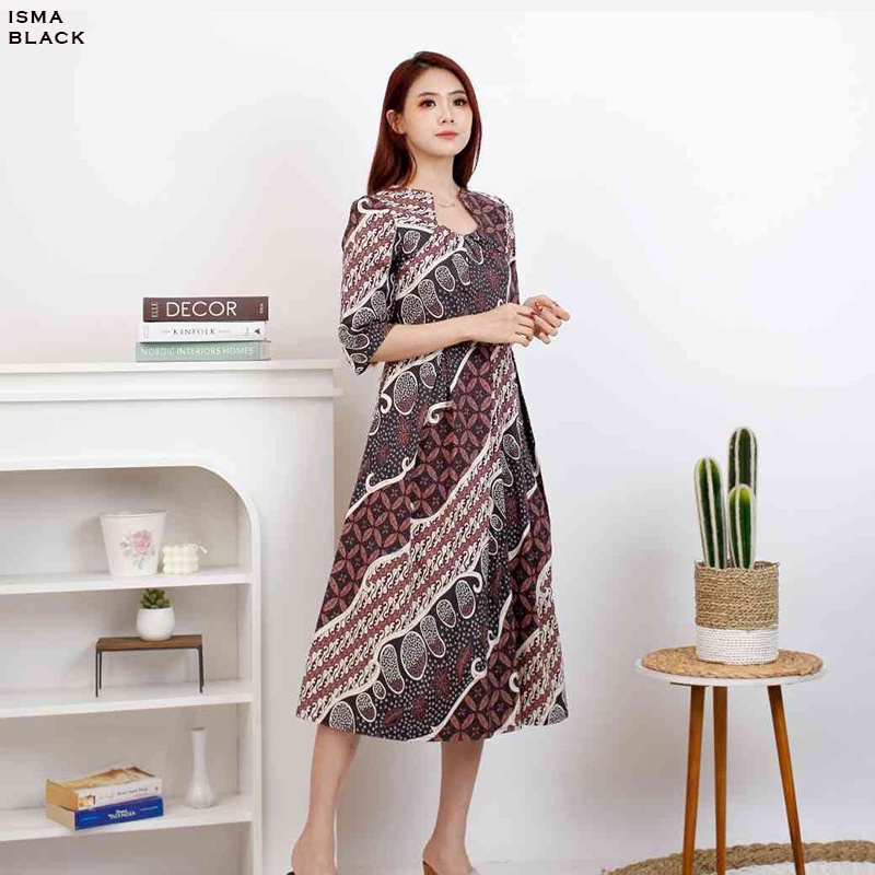 Evercloth Isma Dress Batik Lengan Panjang Wanita Dress Wanita Jumbo Batik Couple Dress Pita A-Line Gaun Batik Pastel Rok Mekar