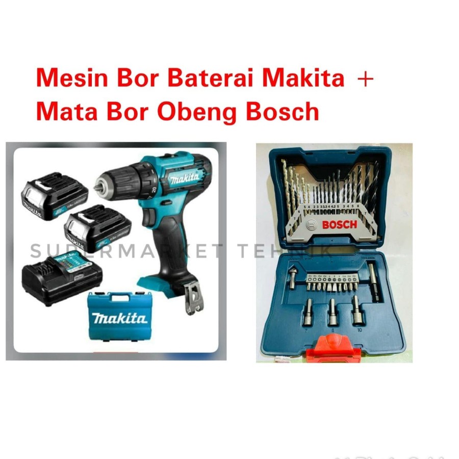 Mesin Bor Baterai Makita DF 333 DWYE + Mata Bor Obeng Bosch