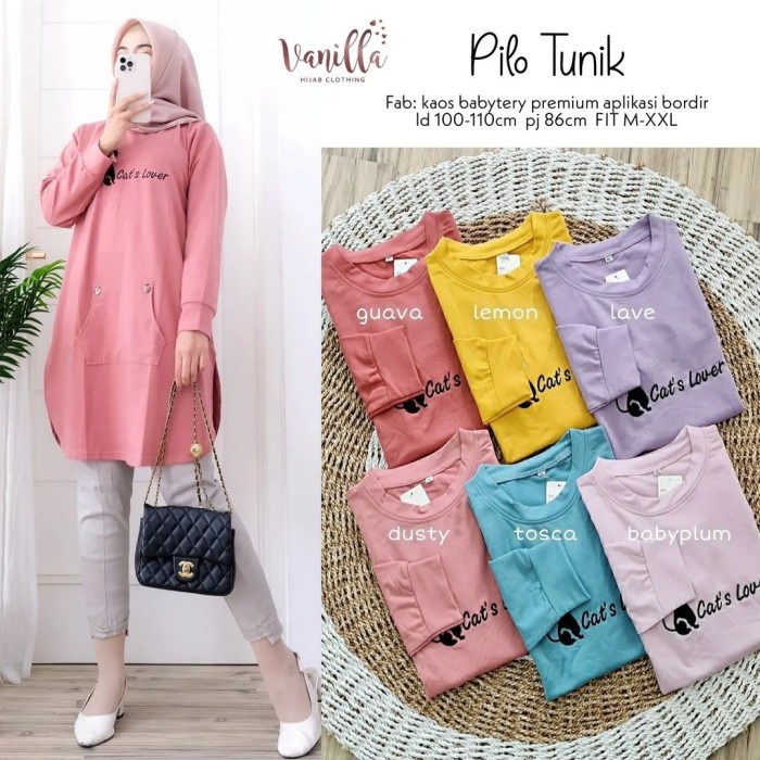 Tunik Lebaran Pilo Tunik wanita kaos babyterri premium mix bordir jumbo tunik muslim - Lemon Kirim H