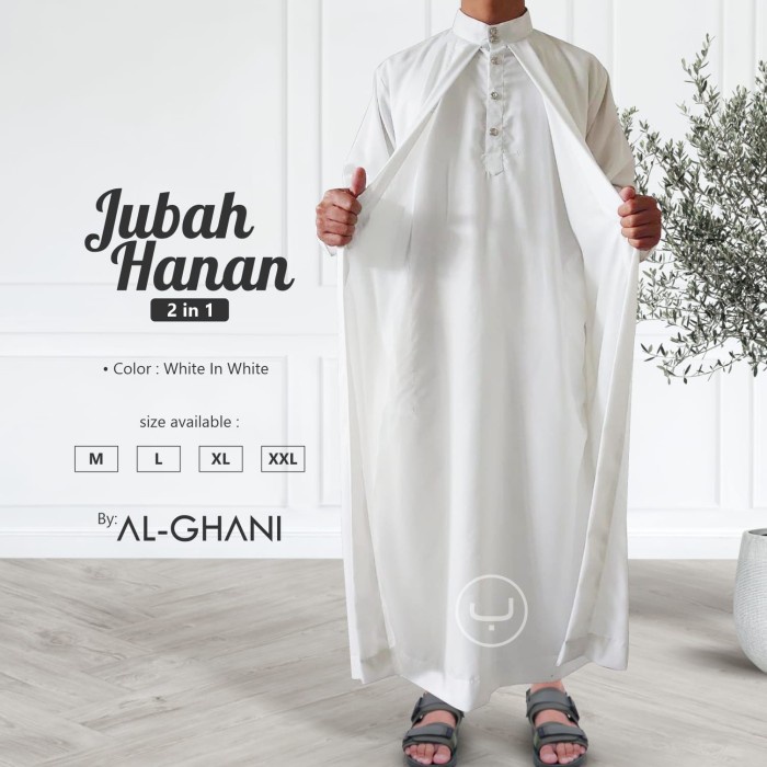 PROMO! GAMIS JUBAH PRIA DEWASA JUBAH MEWAH, JUBAH HANAN 2 IN 1 BY AL GHANI - WHITE IN WHITE, XXL TER