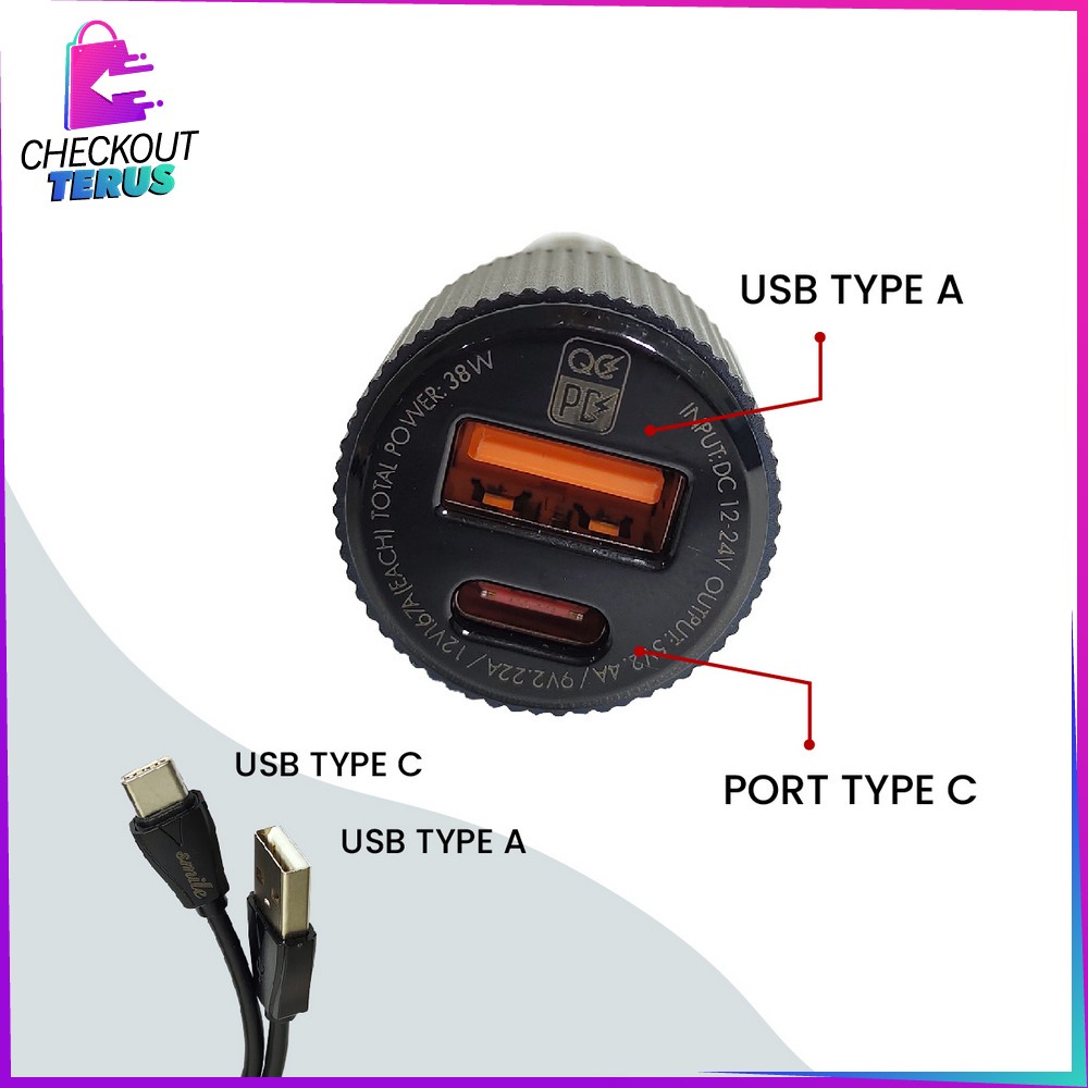 CT C819 Car Charger Mobil Type C Adaptor 2 Ports Fast Charging Pengisi Daya Cepat QC3.0 For Handphone Colokan Mobil USB-C Tablet