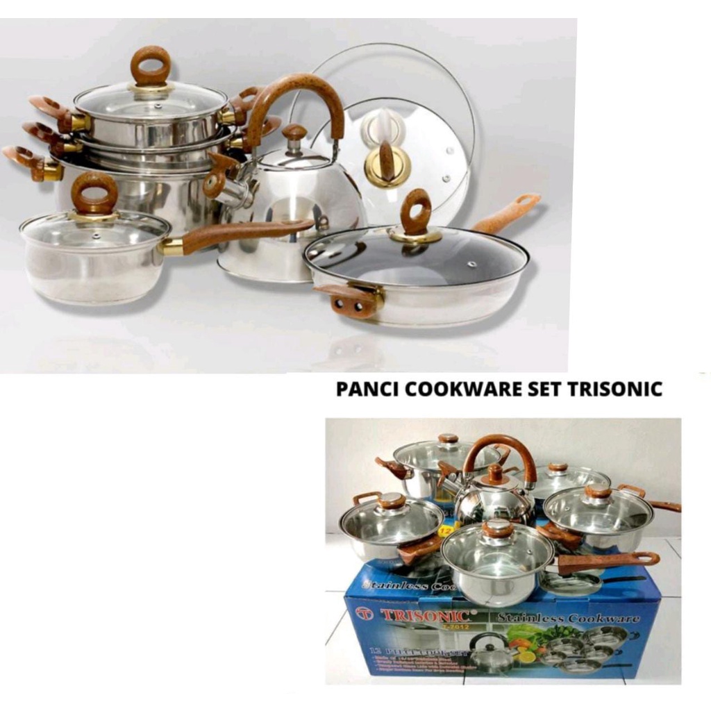 Panci Set Stainless Trisonic T-7012 Panci Set Murah Isi 12 Include Tutup Kaca (TERMASUK TUTUP KACA)