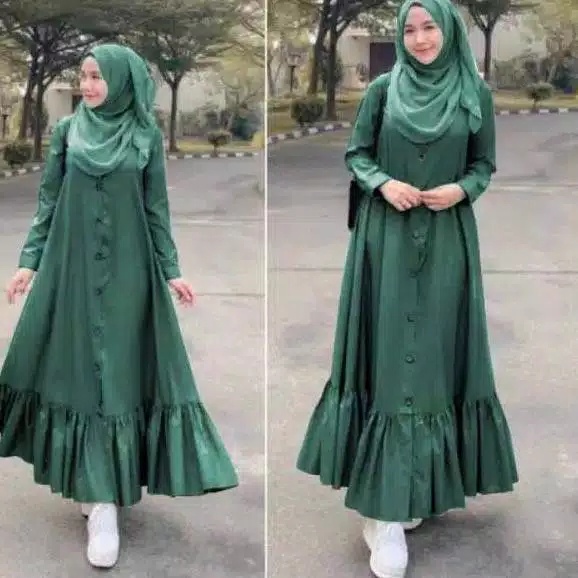 Peny - Dress Baju Gamis Long Dress Maxy Maxi Syari Renda Bawah Busui Full Kancing Warna Polos Hijau 