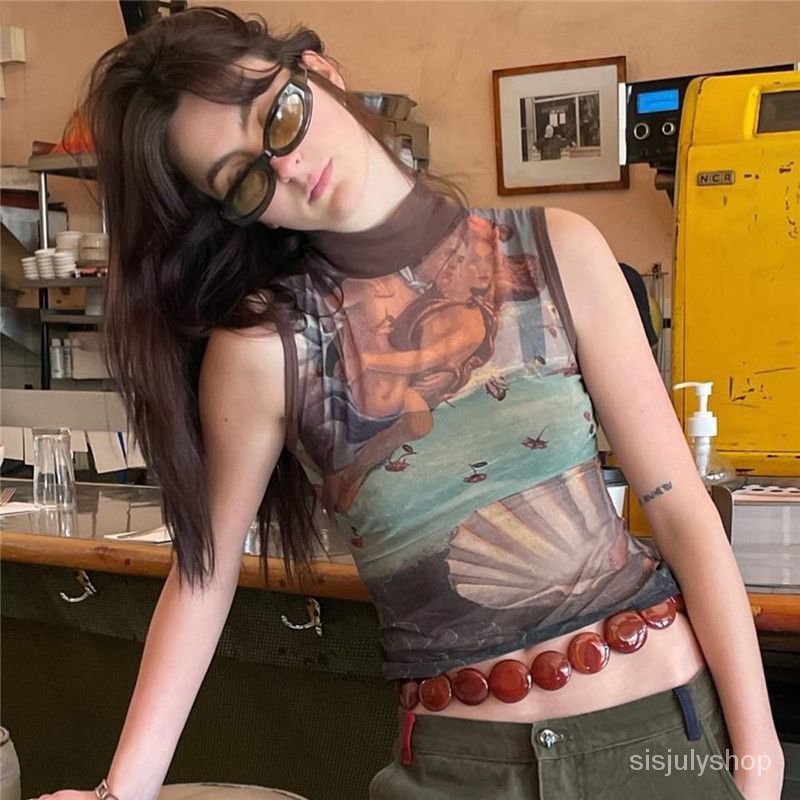 [✅BISA COD] #Sisjuly# Y2K Kaos Wanita / Atasan Motif Vintage Wanita / Tunik Tembus Pandang Jala / Ka