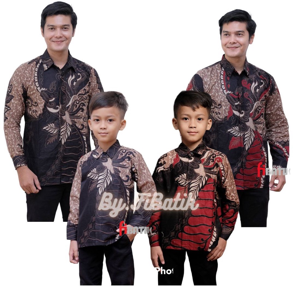 Kemeja Batik Pria Lengan Panjang Couple Batik Ayah Anak Laki-laki Usia 3-13 Tahun Warna Merah Motif Sangkuriang