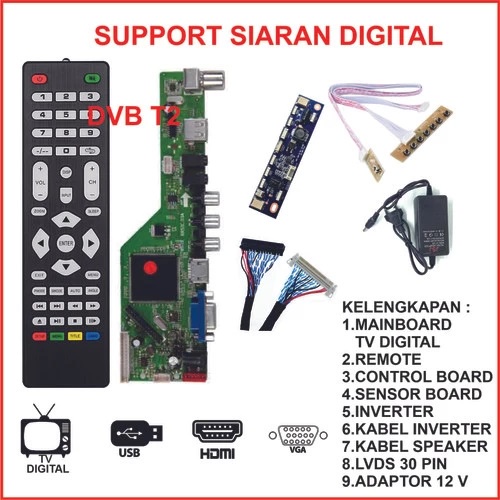 MESIN TV DVB T2 Universal LED LCD TV Board Digital DVB T2 - Paket Mainboard Remote Tombol