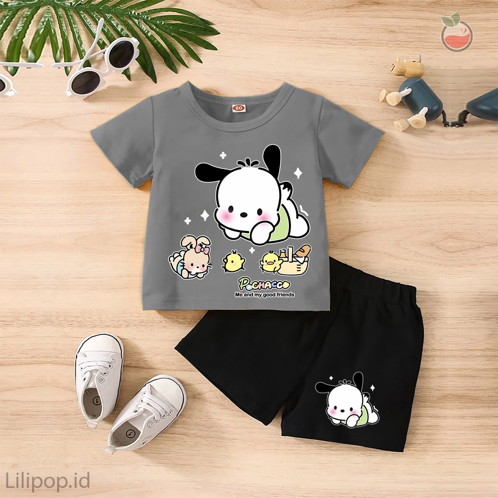 Baju Anak Stelan Kaos 3/4 POCHACO Cowok Cewek  Usia 1-4 Tahun Celana Pendek Harian