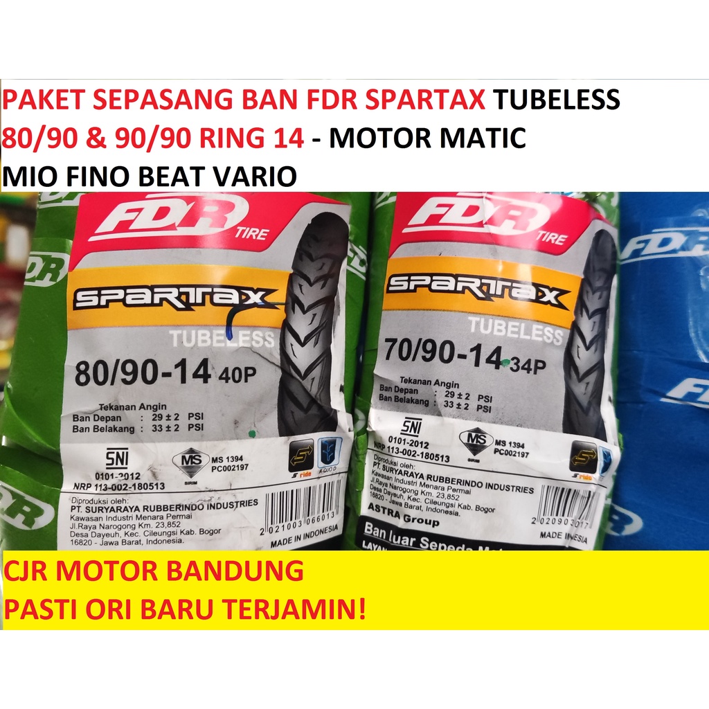 PAKET SEPASANG FDR Spartax 70 90 & 80 90 ring 14 ban TUBELESS motor matic MIO J M3 FINO