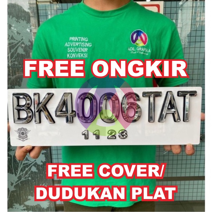 Plat Nomor Mobil Mewah Putih List Hitam Krom lancip 7cm Segi 5 FREE COVER