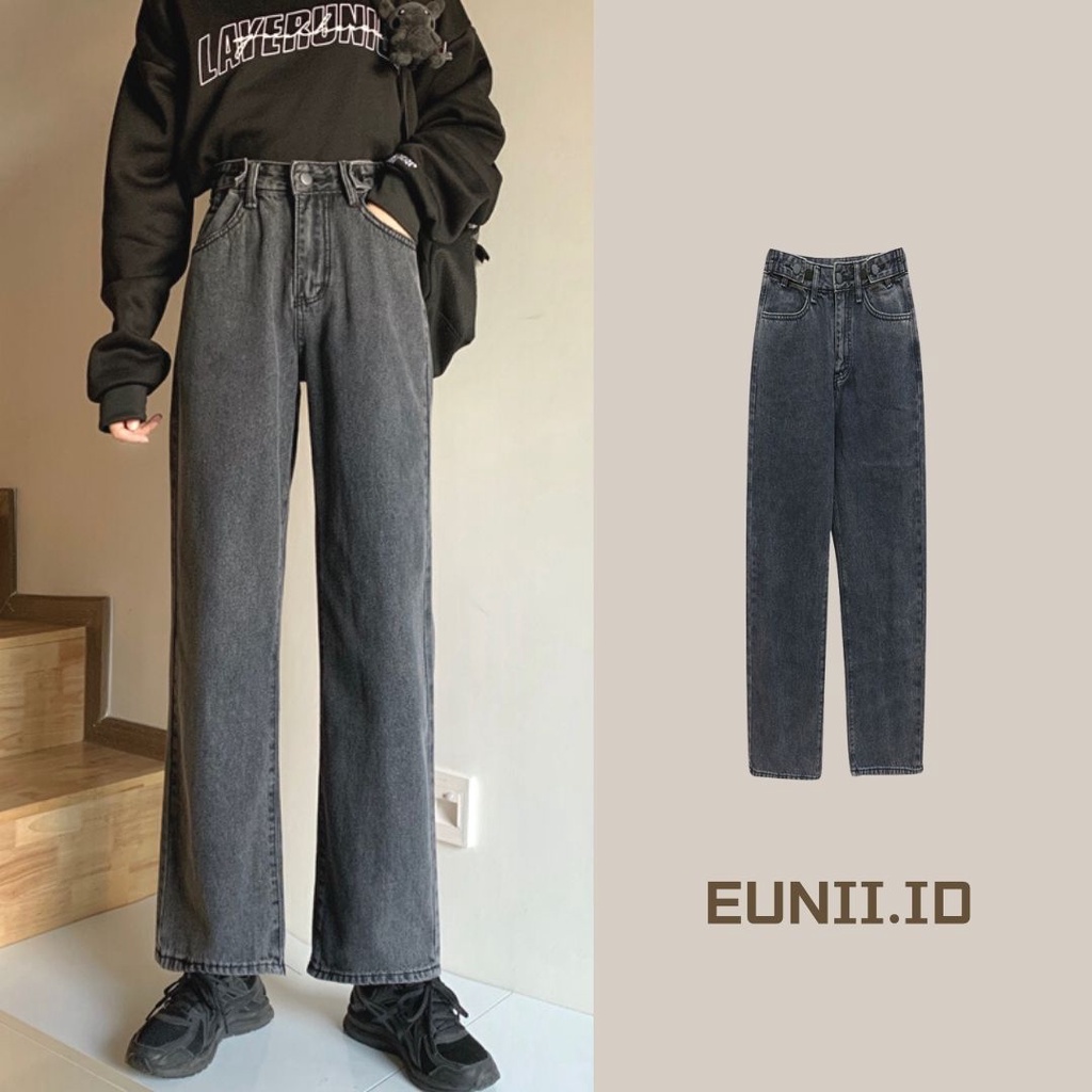 EUNII Korean Style Celana Jeans Hitam Abu-abu Wanita Loose High Waist Pants