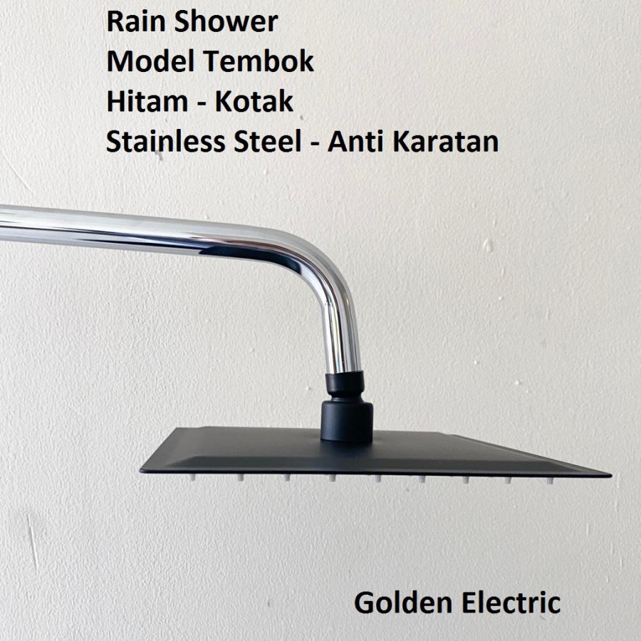 Rain Shower Head Wall Mandi Tembok Stainless Steel Kepala KOTAK Silver Hitam Square