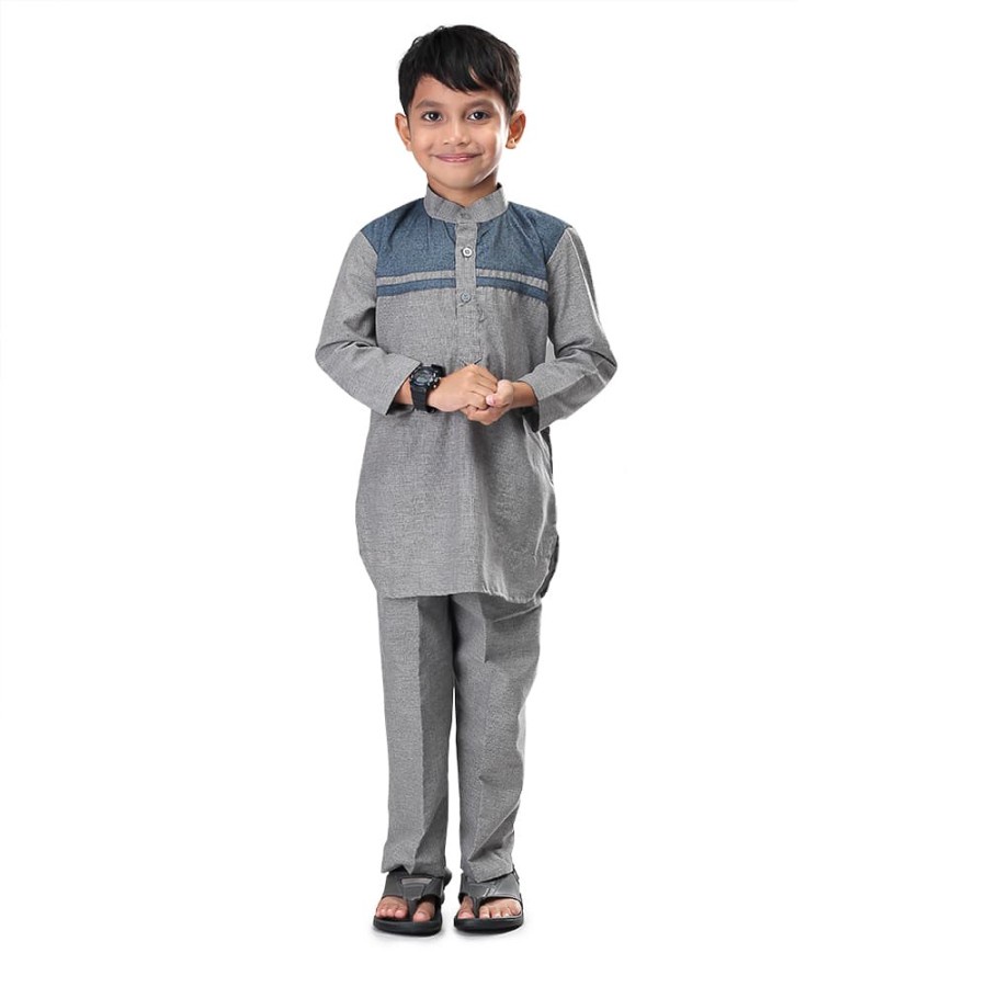 Baju Muslim Setelan Koko+Celana Anak Umur-Usia 6-8-10-12 Tahun / Stelan Anak Laki Laki Cowok Hijau-Abu