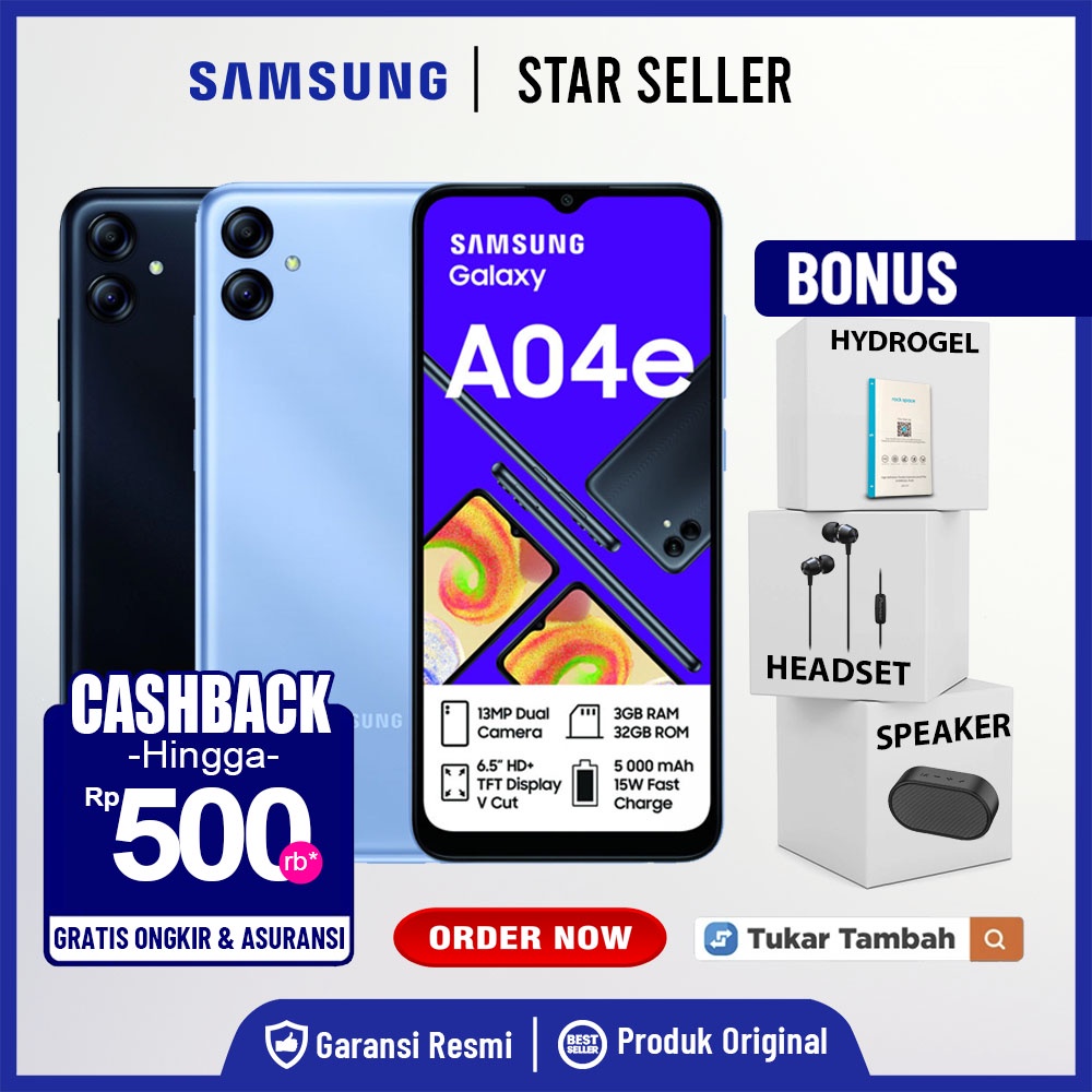 Handphone Samsung Galaxy A04e 3GB+3GB Garansi Resmi Samsung A04e 3 GB 32 GB Not A52S A32 A23 A24 A33 A34 A53 A54 A73 A03S A04 A04S A13 A14 A03 CORE M12 M22 M23 M32 M33 M53 A7 LITE A8