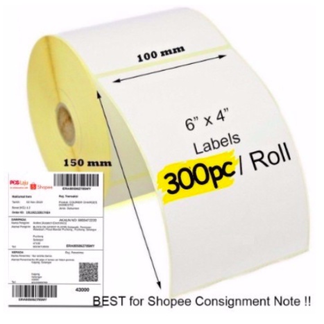 INSTAN/COD - Label Thermal 100x150 Thermal Label Direct 300 pcs / Roll ukuran A6 core 1 inch