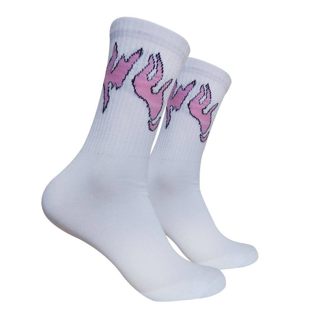 Kaos Kaki Motif Api Pink Dasar Putih ( C84 )