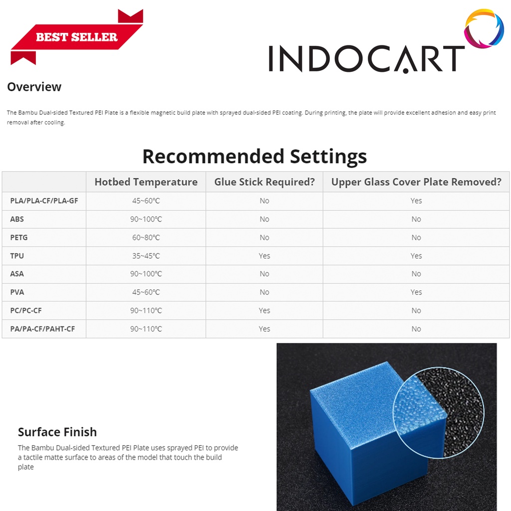 INDOCART 3D Printer Part Bambu Lab Bambu Dual Sided Textured PEI Plate