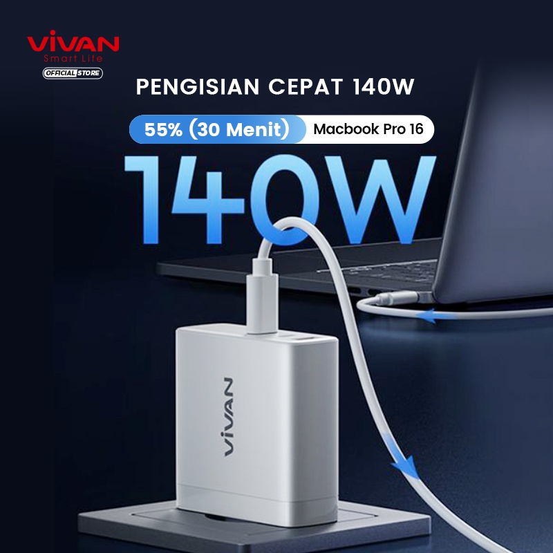 VIVAN Charger GaN04 Fast charging 140W 5A 3 Output PD QC Port Quick Charge Support Notebook iPhone 13-Garansi Resmi 1 TAHUN