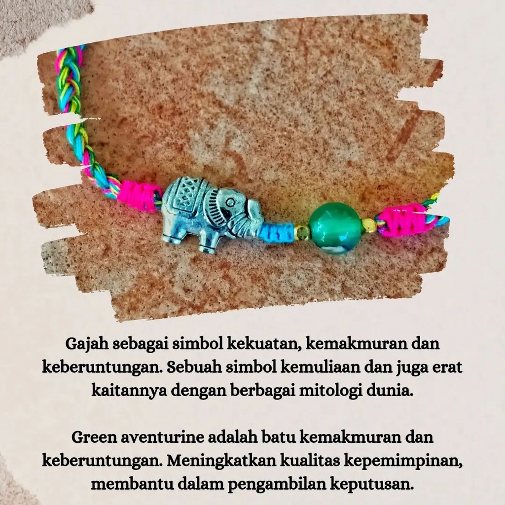 LIMITED - LUCKY RAINBOW ELEPHANT / Gelang Energi Kristal Green Aventurine / Gelang Tali Jalin Khas Bali / Craftdewata