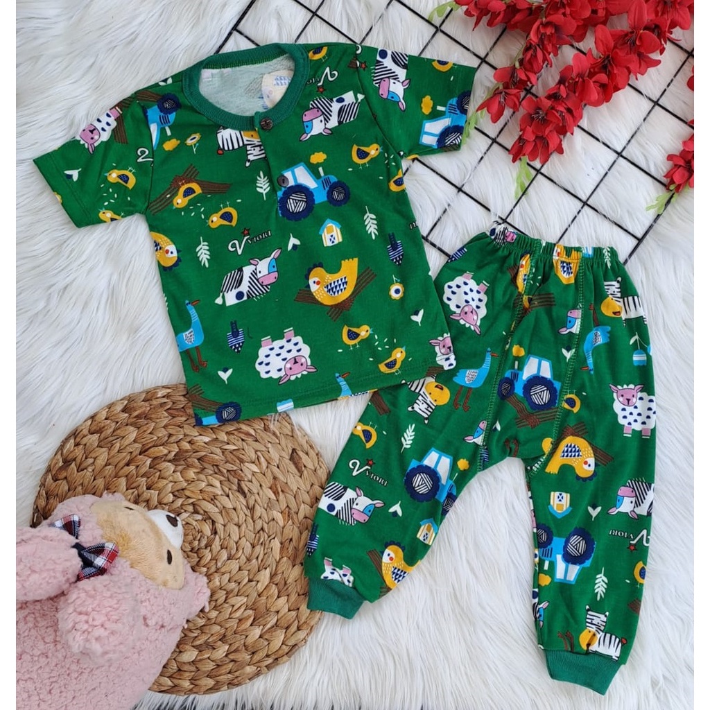 stelan baju bayi laki laki perempuan lucu murah motif PRINTING DOMBA (pendek panjang) KANCING WANGKI celana pampers3-18 bulan