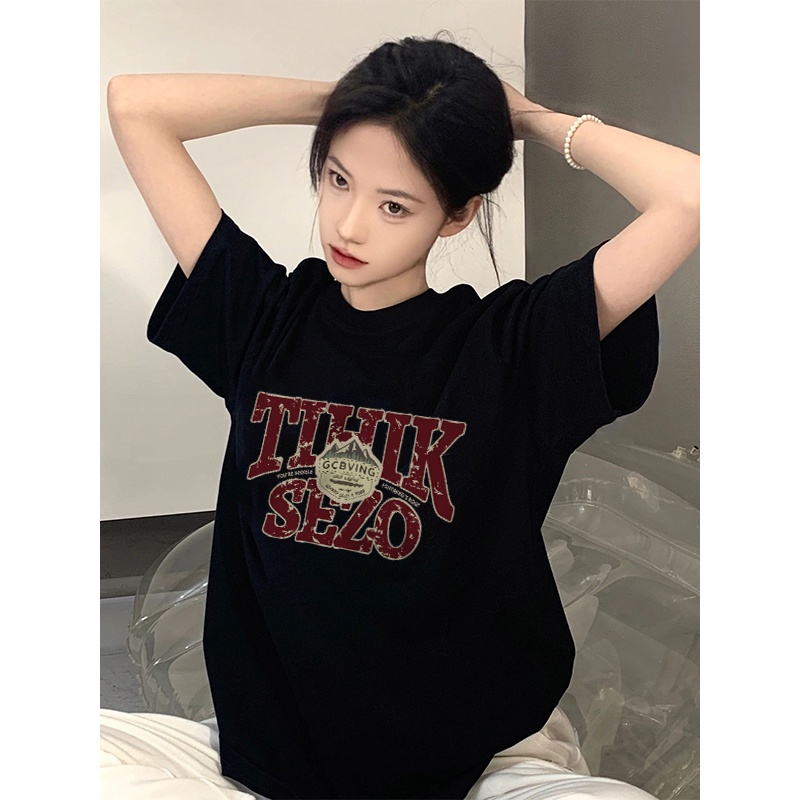 American Retro Lengan Pendek Motif T-shirt Import Oversize Letter Rap Hip hop Printed Baju Atasan Wanita